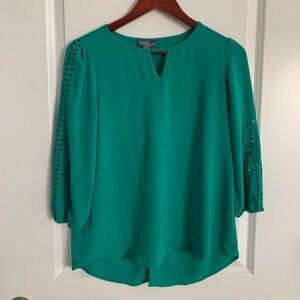 Charming Charlie Green Blouse with Embroidered Sleeves